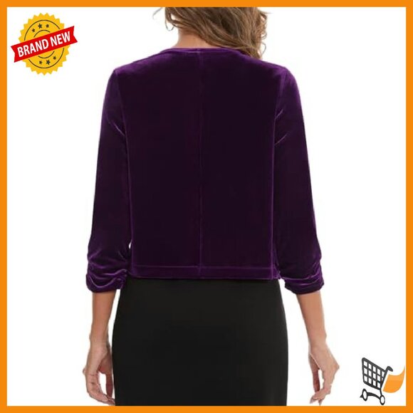 Velvet Cropped Cardigan Shrug 3/4 Sleeve Open Front Cocktail Party Top - Picture 6 of 8